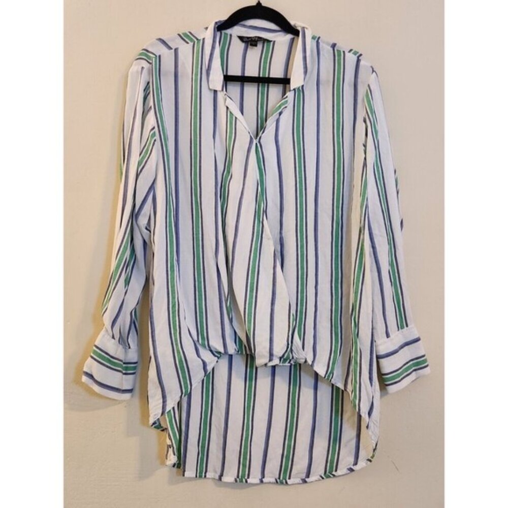 Velvet Heart Size Large Blue/Green Striped V-Neck Crisscross pullover top